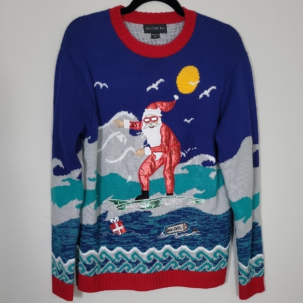 Blizzard Bay Mens Ugly Christmas Sweater Size M Santa Surfing Blue Novelty